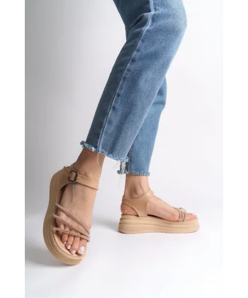 EVA Kalın Tokalı Taşlı Şeritli Ortopedik Taban Kadın Sandalet  CTT - Ten