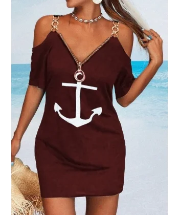 Fermuar Detay çıpa Baskılı Zincir Askılı Iki Iplik Elbise - Bordo