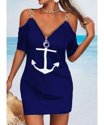 Fermuar Detay çıpa Baskılı Zincir Askılı Viskon Elbise