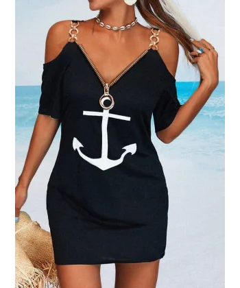 Fermuar Detay çıpa Baskılı Zincir Askılı Viskon Elbise