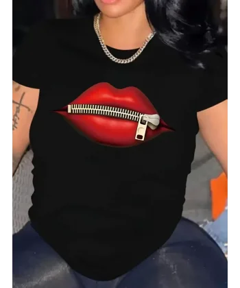 fermuar dudak baskılı tişört bisiklet yaka kısa kollu tişört - Siyah