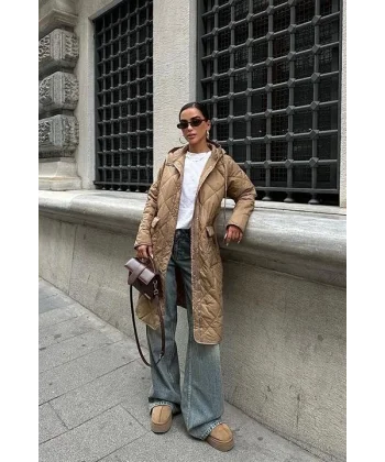 Fermuar Ve Kapşonlu Uzun Kapitone Mont 7062