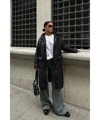 Fermuar Ve Kapşonlu Uzun Kapitone Mont 7062