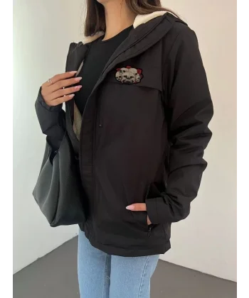 Fermuarlı Uzun Kol  kapüşonlu İçi Kürklü Mont - Siyah