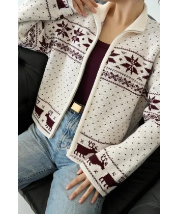 Fermuarlı Yılbaşı Hırkası  KremBordo