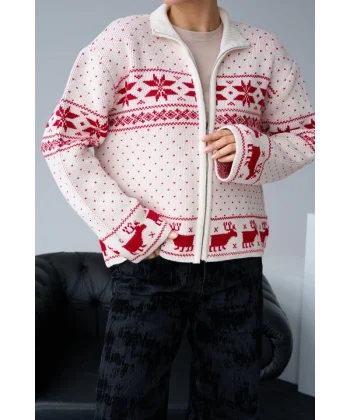 Fermuarlı Yılbaşı Hırkası  KremKırmızı