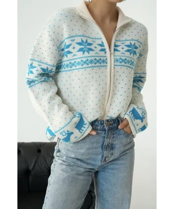 Fermuarlı Yılbaşı Hırkası  KremTurkuaz