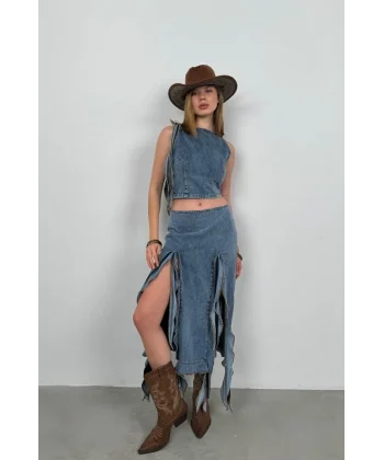 Fırfır Detay Denim Bluz