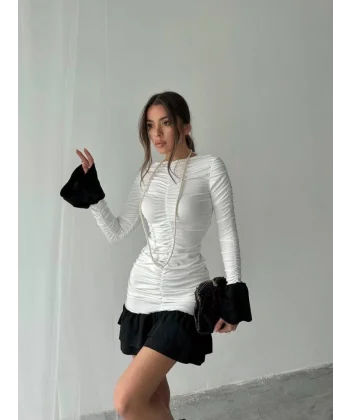 Fırfır Detaylı Drapeli Mini Elbise