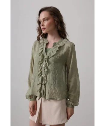 Fırfır Transparan Gömlek - Haki