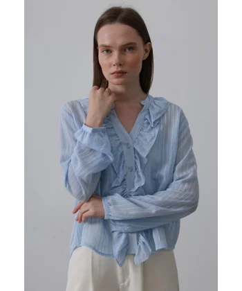 Fırfır Transparan Gömlek - Mavi