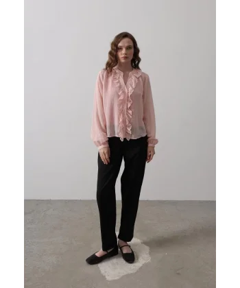 Fırfır Transparan Gömlek - Pudra