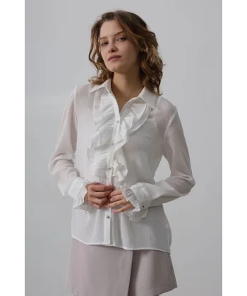 Fırfır Yakalı Şifon Gömlek - Beyaz
