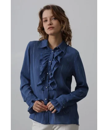 Fırfır Yakalı Şifon Gömlek - Mavi