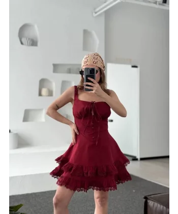 Fırfırlı Askılı Mini Elbise - Bordo