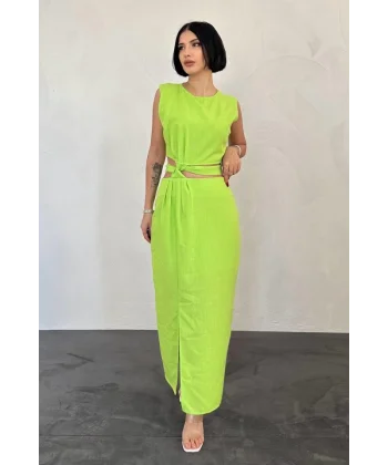 Fıstık Yeşili Kuşaklı Crop Ve Etek Takım