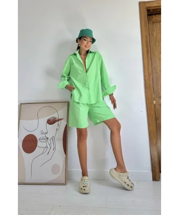 Fıstık Yeşili Önü Cepli Gömlek Ve Şort Takım