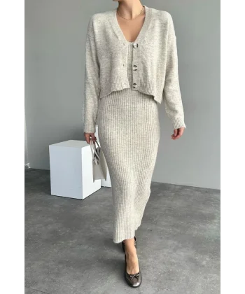 Fitilli Elbise Hırkalı Takım  Açık Bej