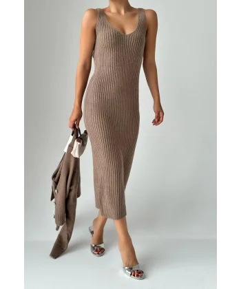 Fitilli Elbise Hırkalı Takım  Koyu Vizon