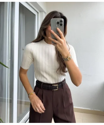 Fitilli Kısa Kol Kazak - Krem