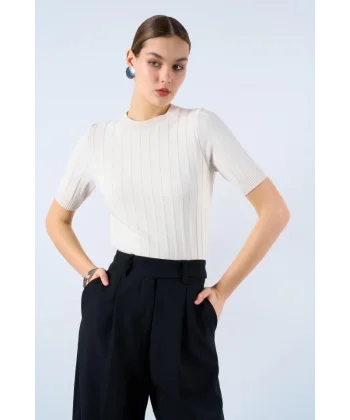 Fitilli Kısa Kol Kazak - Krem