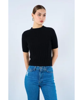 Fitilli Kısa Kol Kazak  Siyah