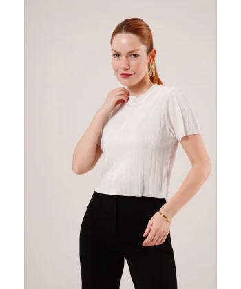 Fitilli Kısa Kollu Parlak Beyaz Bluz