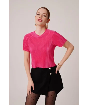Fitilli Kısa Kollu Parlak Fuşya Bluz