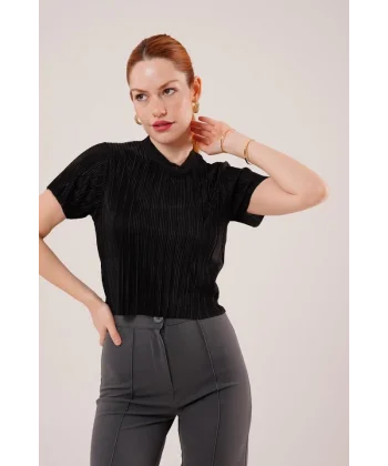Fitilli Kısa Kollu Parlak iyah Bluz