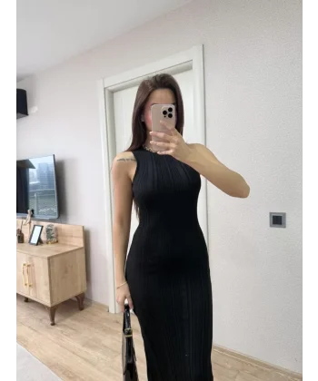 Fitilli Triko Elbise Kolsuz Sırtı Kapalı Maxi Uzun Boy - Siyah