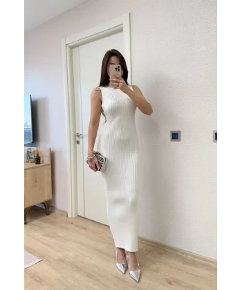 Fitilli Triko Elbise Maxi Uzun boy - Beyaz