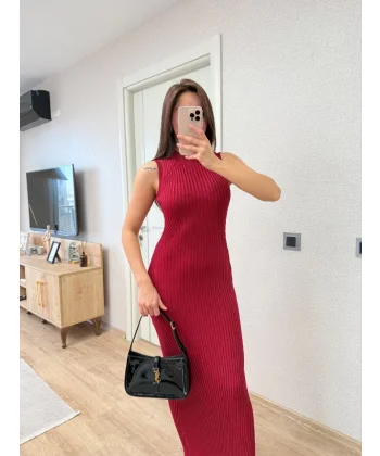 Fitilli Triko Elbise Maxi Uzun boy - Bordo