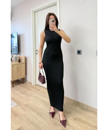 Fitilli Triko Elbise Maxi Uzun boy - Siyah