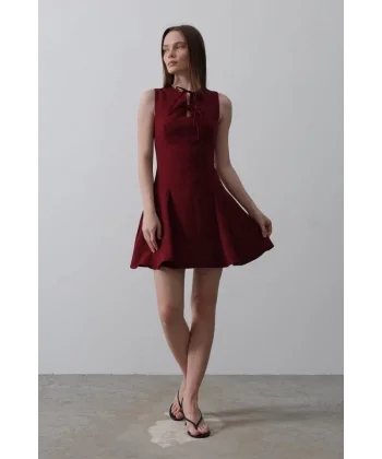 Fiyonk Detay ıfır Kollu ini Elbise  Bordo