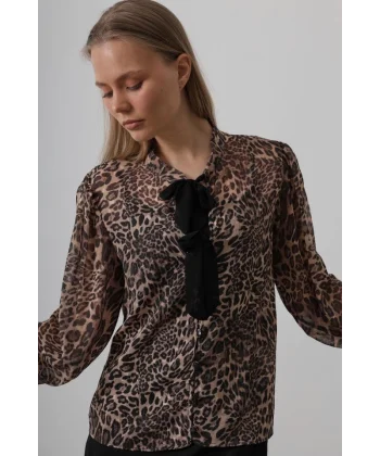 Fiyonk Detaylı Leopar Bluz - Leopar
