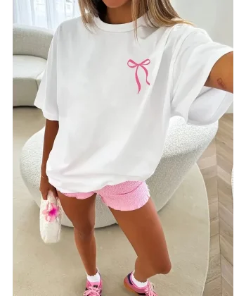 Fiyonk Ön Arka Baskılı Oversize Bisiklet Yaka T-shirt Yazlık - Beyaz