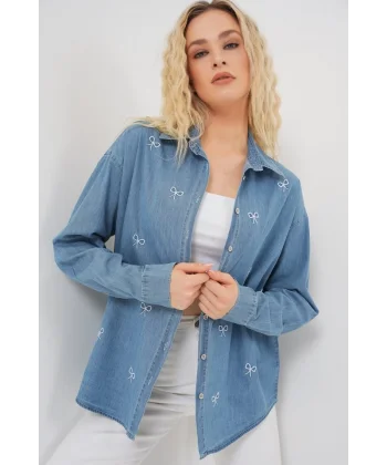 Fiyonlu Kot Gömlek 20329 - Mavi