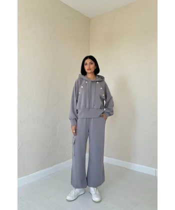 Füme Kapüşonlu Sweatshirt Ve Kargo Pantolon Takım