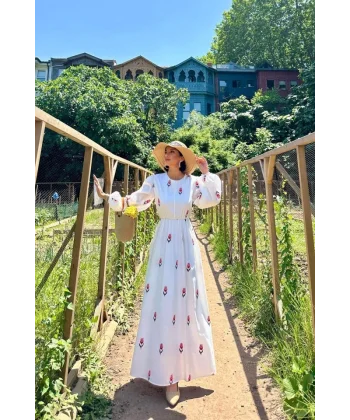 Fuşya ale Desenli Brode Elbise