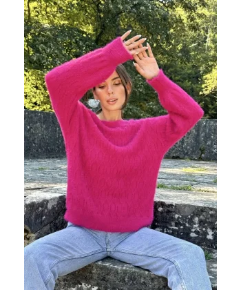 Fuşya Baklava Desenli Triko Kazak