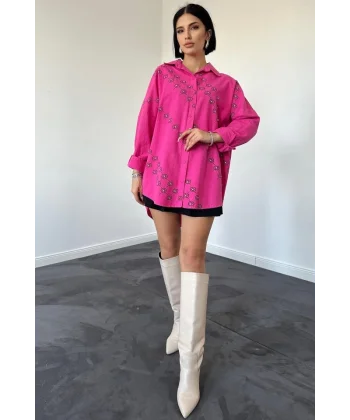 Fuşya Boyamalı Keten Baskılı Taşlı Gömlek