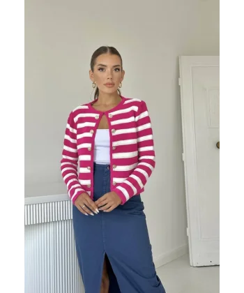 Fuşya Çizgili Ve Düğmeli Triko Kazak