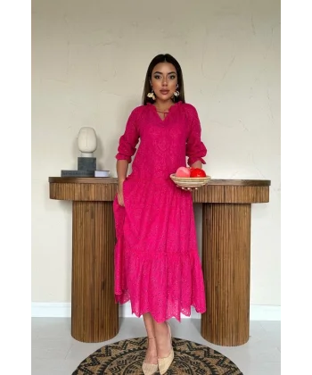 Fuşya Dantelli New Elbise