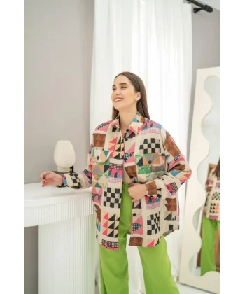 Fuşya Desenli Kapitone Cepli Gömlek