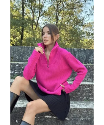 Fuşya Fermuarlı Ve Boğazlı Triko Kazak