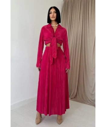 Fuşya Fitilli Gömlek Ve Uzun Etek Takım