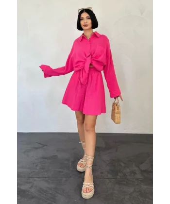 Fuşya Gömlek Ve üslin Şort Takım