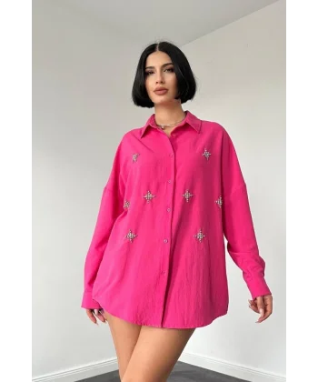 Fuşya Klasik Kalıp El İşlemeli Gömlek