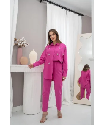 Fuşya Klasik Taşlı Keten Takım Takım