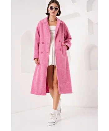 Fuşya Oversize Geniş Kesim Yünlü Uzun Kaşe Kaban 9113
